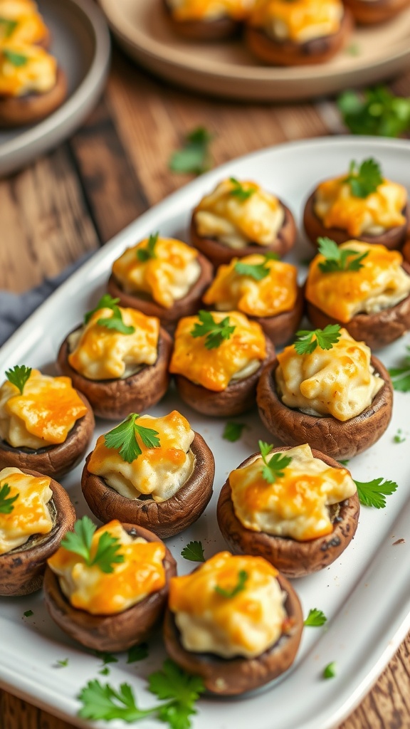 A delicious platter of stuffed mushrooms, filled with cheese and herbs, ideal for an appetizer at a party.